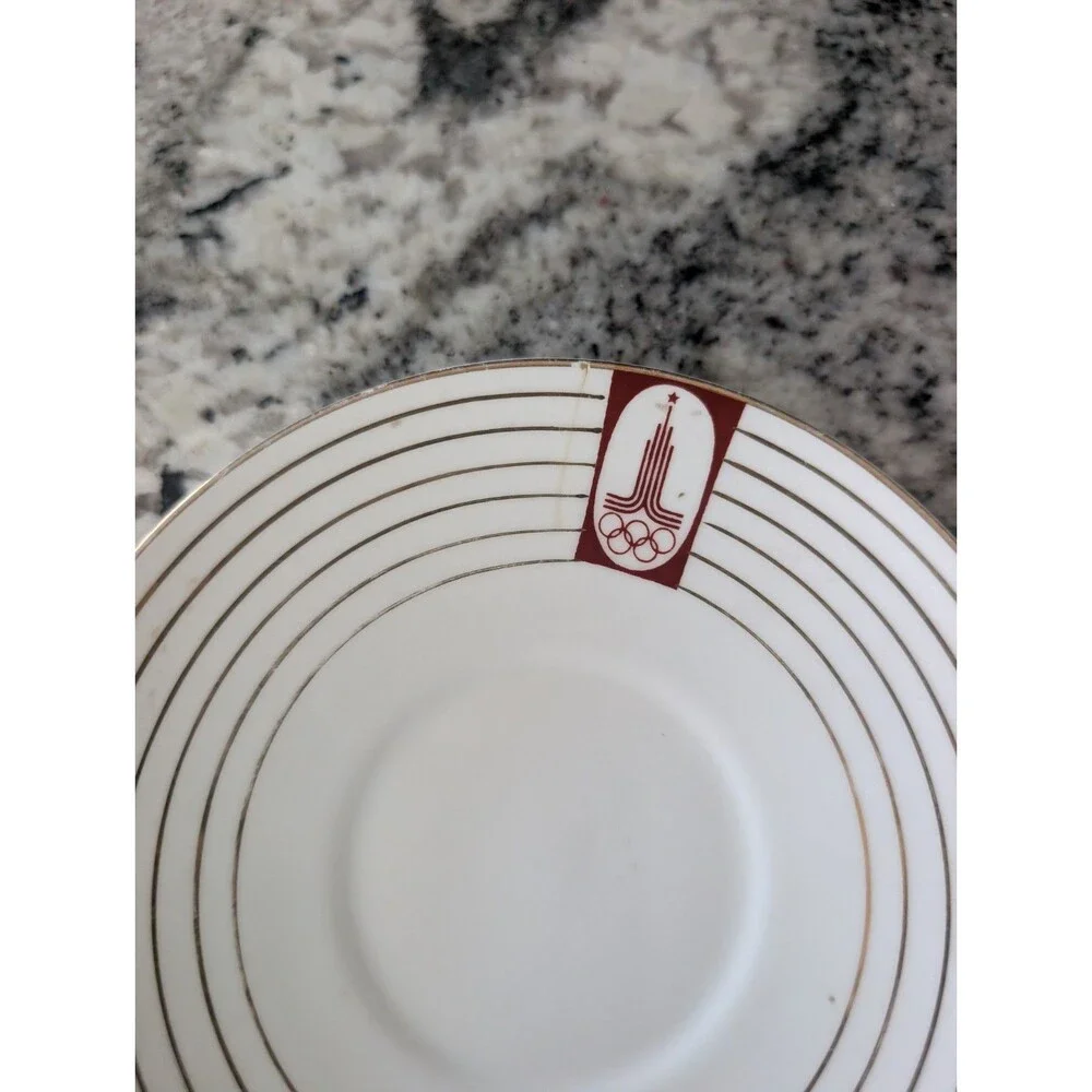 Vintage Lomonosov USSR Moscow 1980 Olympics Runner Porcelain Cup Saucer Cracked